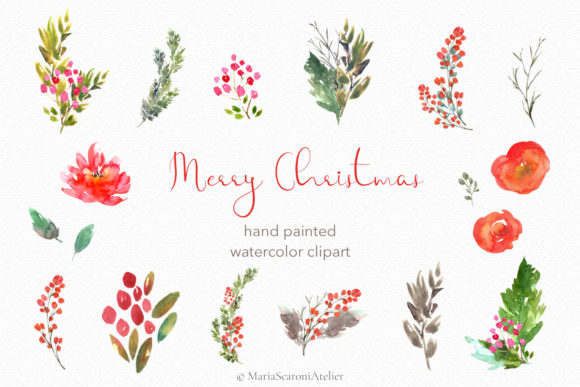 Merry Christmas Watercolor Clipart for Editorial Use